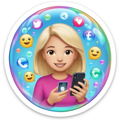 a girl inisde a buble watching her phone and put apps floading around do tik tok instagram and snapcjat sticker