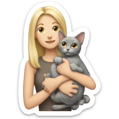 blonde girl holding a gray fold-eared cat in her arms sticker