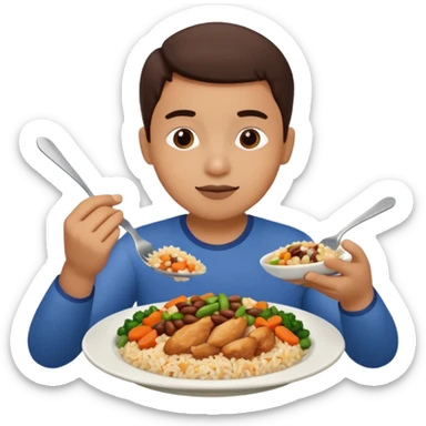 Create a person having lunch. Not a sandwich. Rice, beans, vegetables and chicken. sticker
