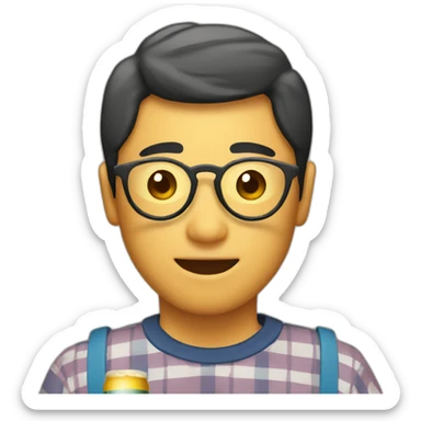 Japanese wearing roundglasses alohashirt is holding beer sticker