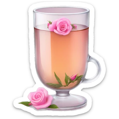 glass of tea with tiny pink rosebuds inside small sticker