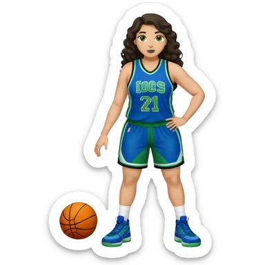 full body plus size light skin latino women basketball player with wavy dark hair large widenose wearing blue and green uniform sticker