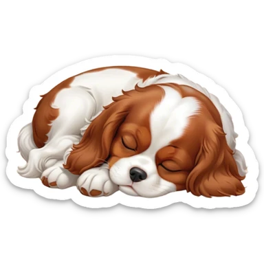 Cinematic Meme-Worthy cute Sleeping Cavalier King Charles Spaniel Portrait Emoji, Head resting peacefully with a contented smile, showcasing a delightfully cute build and a luxuriously soft coat of chestnut and white, eyes shut in a serene nap, Simplified yet hilariously adorable features, highly detailed, glowing with a soft, drowsy light, high shine, relaxed and utterly lovable, stylized with an air of playful laziness, bright and heartwarming, soft glowing outline, capturing the essence of a comically sleepy Cavalier King Charles Spaniel, so meme-worthy it feels like it could instantly become the next viral sensation of adorable slumber! sticker