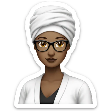 White-skinned woman with black square glasses, white clothes and white turban sticker