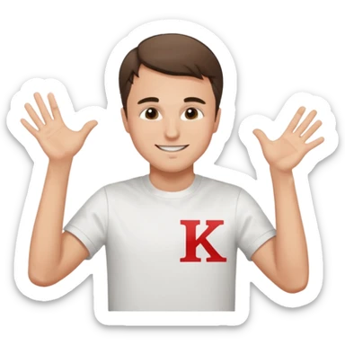 Charlie Kirk with a Charlie Chaplin mustache with a white freedom shirt while throwing up the letters c and k sticker