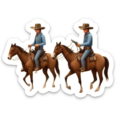 Icon for Western: A vintage movie poster-style design with cowboys on horseback, dusty desert landscape, and a setting sun. Include cowboy hats, revolvers, and an old saloon. The design should have bold typography and a retro cinematic feel. Transparent background. sticker