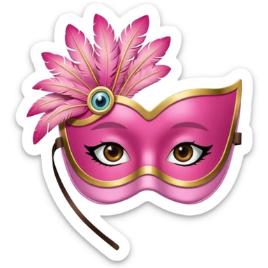 masquerade Pink eye mask with gold trim and small side feather. sticker
