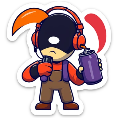 Team Fortress 2 Scout holding BONK! Atomic Punch can, accurate game appearance, canonical uniform and headset sticker
