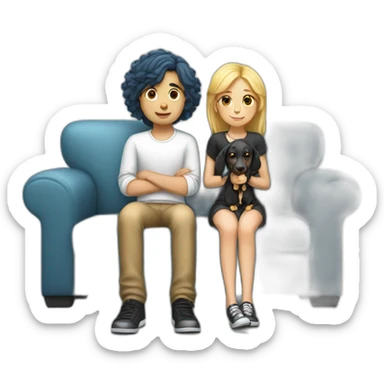 blue-hair-white-boy-and-girl-with-black-cocker-sit-on-couch sticker