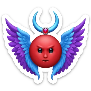 The letter o in black, purple Angel wings, red devil horns, and blue halo on top sticker