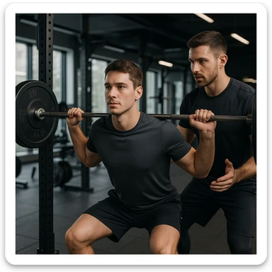 intermediate subject in gym, performing barbell exercises under personal trainer supervision, wearing sportswear, learning atmosphere, realistic details, modern gym background, 4K quality sticker