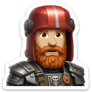 Red-haired man with a beard, wearing a Warhammer 40k helmet. Head only. sticker