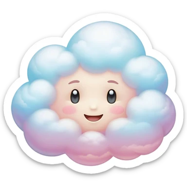 Cinematic round pastel cloud, soft puffy texture, gentle glowing edges, tiny happy face with blushing cheeks, floating in a dreamy sky, warm and magical. sticker