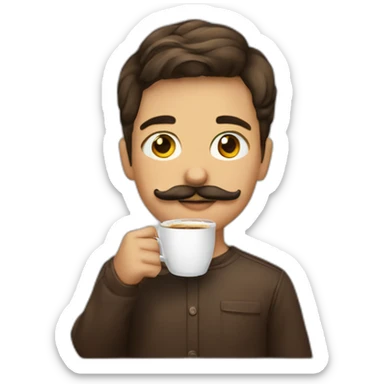 A young boy with mustache drink coffee sticker