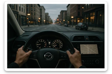 first person view of driving a car, hands gripping steering wheel, city street ahead, dashboard details sticker