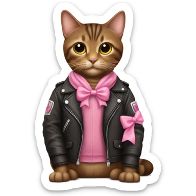 Brown tabby cat wearing a motorcycle jacket with pink bows sticker