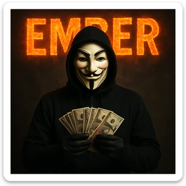 A man in black clothes with an Anonymous mask, holding money, ember text sticker