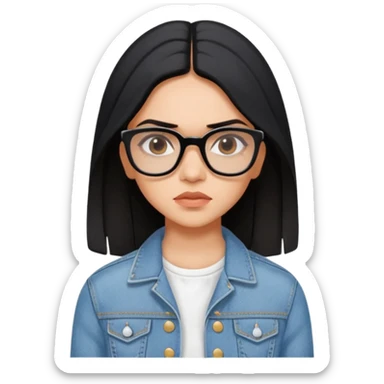 generate a pretty bratz emoji 
Make her wear a white dress with a denim jacket over it. black hair side part 

She should look exactly  like Deepika padukone! wearing tiny rectangular spectacle, looking sad sticker