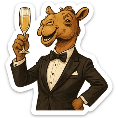 a camel in a tuxedo, holding a champagne glass, celebratory mood, sophisticated and fun sticker