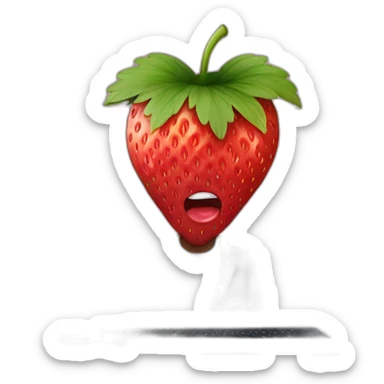 a strawberry with the body of a man with eyes a mouth a nose and everything else the strawberry is in front of a mac laptop with a mask that hides his eyes so that we don't recognize his face sticker