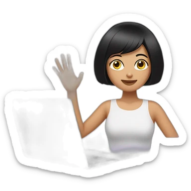 woman with black bob haircut and hand signs behind laptop sticker