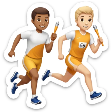 Show the baton being passed off like in a relay race. Make them smiling  and running in a track relay race. One needs to be running and hanging one baton to the other. Put the number 56 o  their shirts. Great now make the baton bigger and brighter like the Olympics  sticker