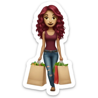 Beautiful tattooed burgundy long haired woman carrying a lot of shopping bags sticker