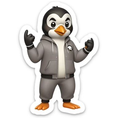 friendly anthropomorphised penguin wearing a mafia-style tracksuit, secretive scheming pose, angry expression, stomping while walking, holding a knuckle duster sticker