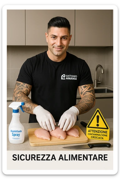a man person in a modern kitchen handles raw chicken breasts on a cutting board, wearing disposable gloves. Nearby, a bottle of disinfectant spray, a separate knife for vegetables, and a warning sign about cross-contamination are clearly visible. The mood is educational, emphasizing safe food handling. in italiano sticker