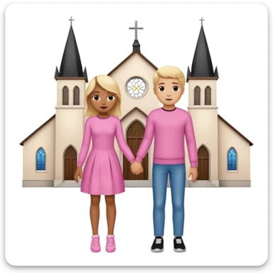 Una pareja de novios van tomados de la mano ella es rubia de ojos carmelitas piel blanca vestido rosado y tacones el muchacho es de piel morena ojos negros un pullover blanco pantalón de mezclilla y tenis blancos el fondo es una iglesia  sticker