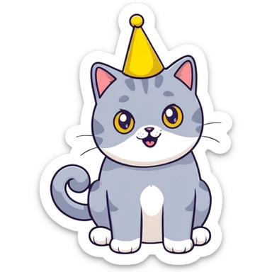 Joyful British shorthair blue cat with excited expression wearing a party birthday hat sticker