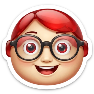 A single chubby crystal gemstone character wearing cute glasses, chunky and irregular with faceted sides, [red], big glossy eyes behind the glasses and a wide happy smile, , high detail, soft lighting, centered on a plain dark background sticker