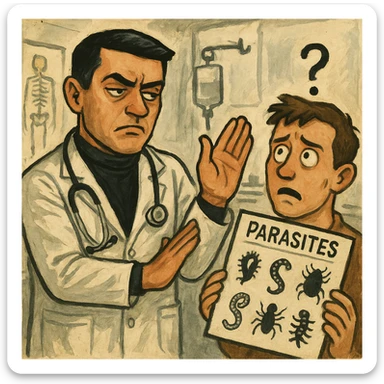 Create a semi-realistic or expressive style image of a male doctor inspired by the reference image, wearing a white coat. The doctor is waving off a diagnostic chart showing parasites, with an indifferent or annoyed look. The patient looks confused. The background is clinical. The tone is critical and ironic. sticker