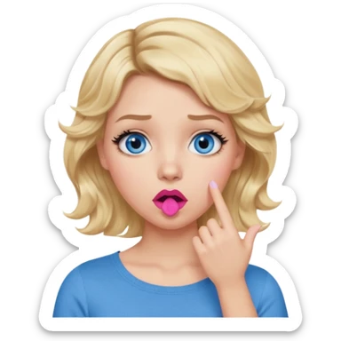 Girl Blonde short wavy hair,  blue eyes, cute blue top, long lashes, pink lips, shocked, hand over the mouth sticker