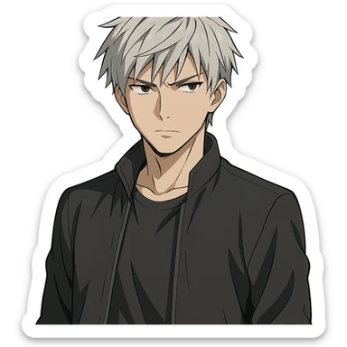 male anime character with silver hair, half-length, serious look, modern anime style, no background sticker
