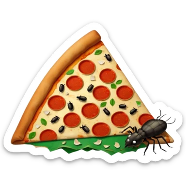 emoji-style icon of a pizza restaurant with pizza slice sign, trash, bugs, and a rat in the style of the apple emoji rat outside, dirty and gross, clear at small size, no text sticker