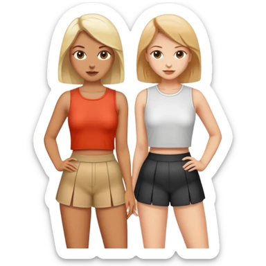 Two beautiful women, one wearing short shorts, the other wearing a mini skirt sticker