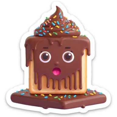 Rectangular chocolate mini pastry, messy chocolate dripping, sprinkles flying, surprised eyes, open mouth, text above: "ПАСТИЧКА", chibi style, Twitch emoji style, transparent background, colorful
 sticker