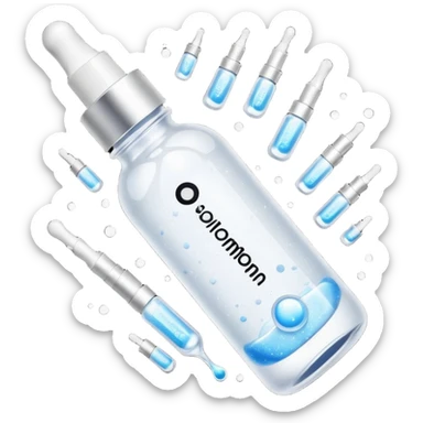 Slim clear dropper bottle with white cap and minimal black text label. Floating above a silver ripple, with icy shimmer rings pulsing outward. Surrounded by tiny frozen sparkles and wrinkle-smoothing energy beams. Looks like a precision anti-aging serum potion — sharp, cold, and potent. sticker