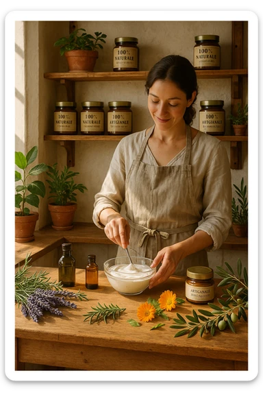A realistic, high-quality photo of a small artisan skincare laboratory in Italy, with wooden shelves displaying beautifully packaged glass jars of natural creams made with herbal and botanical extracts, olive oil, and essential oils, clearly labeled ‘100% Natural’ and ‘Artisan Made in Italy’. The scene includes a bright, sunlit rustic workspace with plants, fresh lavender, rosemary, calendula flowers, and olive branches on the wooden counter, symbolizing purity and nature. A female artisan in a linen apron is carefully mixing creams in a glass bowl, smiling softly. The environment feels warm, authentic, and eco-friendly, emphasizing the concept of handcrafted skincare without synthetic chemicals in italiano sticker