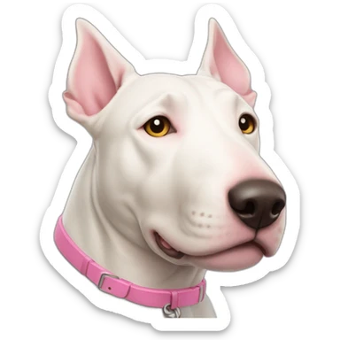 White bull terrier cross with light tan patch and pink nose sticker