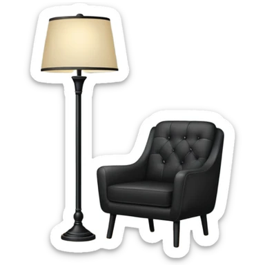 Minimalistic flat vector icon, iOS style, thin black contour on white background. Floor lamp and chair next to a framed picture on wall. Clean, no text, no shadows sticker