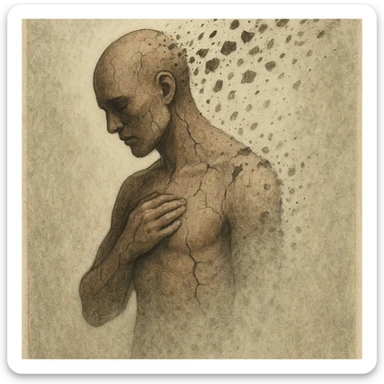 symbolic and realistic illustration of a stylized human figure self-destructing, with body parts dissolving or fragmenting, cracks and fading, educational and respectful tone, no explicit details sticker