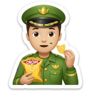supermarket collegue wearing a green uniform and eating a packet of crisps sticker