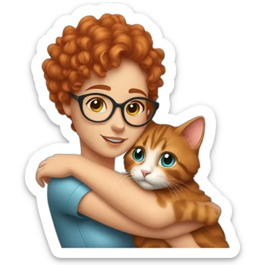 a pretty girl with curly copper hair and blue glasses hugging a cat sticker