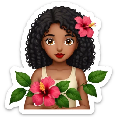 Girl with brown skin with black curly hair holding hibiscus flowers sticker