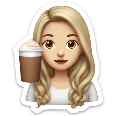 white girl with brown long hair and a hot chocolate sticker