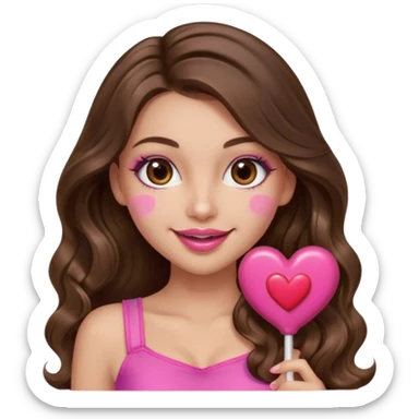 girl with long wavy brown hair, brown eyes, long lashes makeup, sexy pink lips, light to medium complexion, wearing a pink sexy top,, heart lillipop sticker