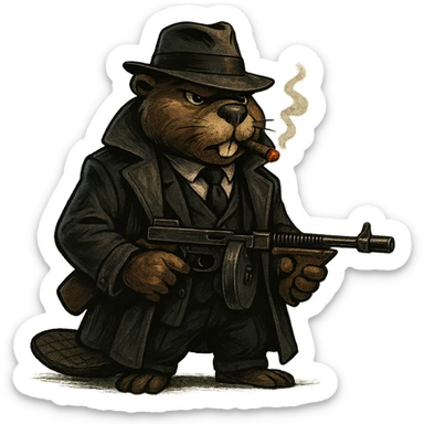 tough anthropomorphic beaver dressed as a 1920s gangster, wearing a dark trench coat, black three-piece suit, white dress shirt, black tie, and a fedora hat tilted forward, lit cigar in mouth, holding a vintage Tommy gun, standing confidently, dramatic lighting, gritty noir tone, realistic cartoon style, transparent or simple background sticker
