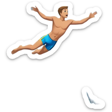 A diver mid-air, plunging from a high cliff into the sparkling ocean below. The background features rugged cliffs, clear blue water, and a bright sky, emphasizing the excitement and danger of the sport with a sense of freedom and adventure. sticker